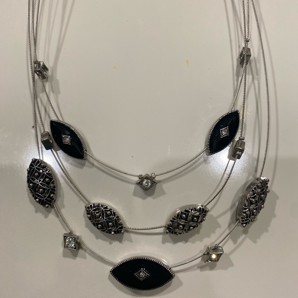 Multi Strand Marcasite and Black Silver Necklace